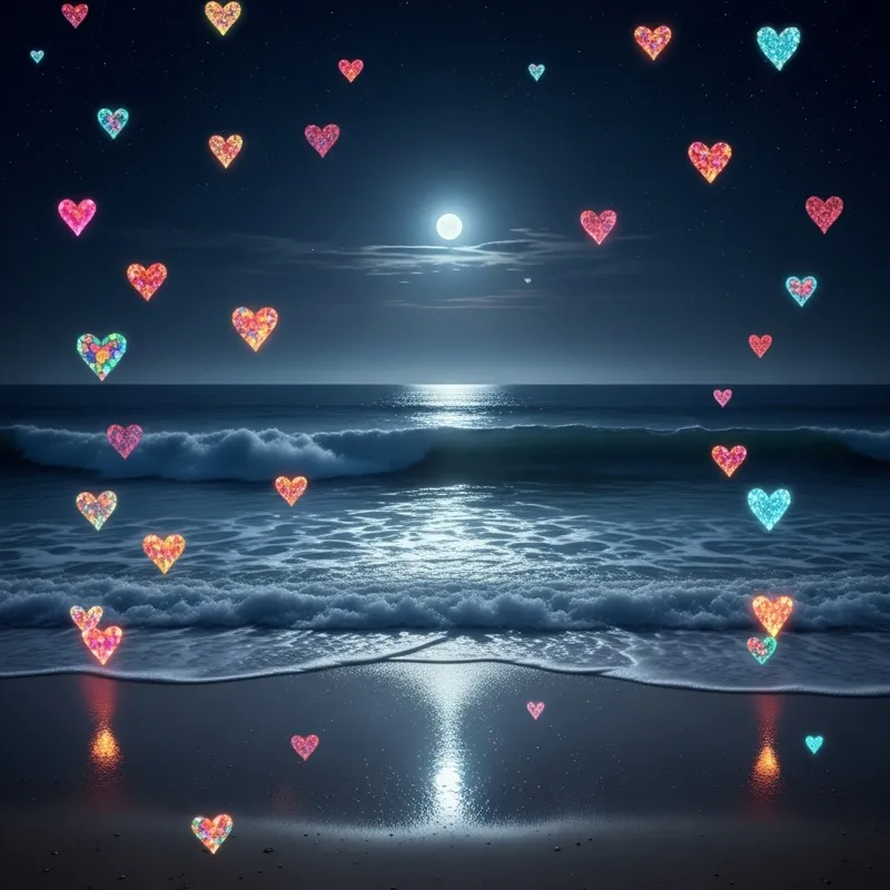 Colorful Hearts Illuminating Night Beach | Moonlit Splendor