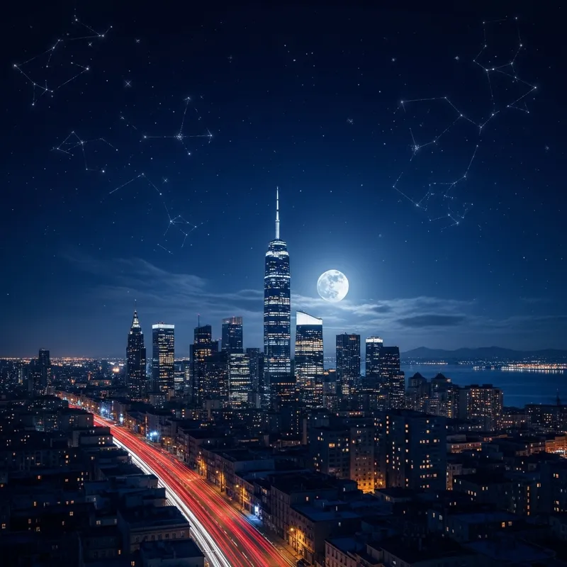 Tranquil Night View of Cityscape with Moonlight & Stars Tranquil Night View of Cityscape with Moonlight & Stars