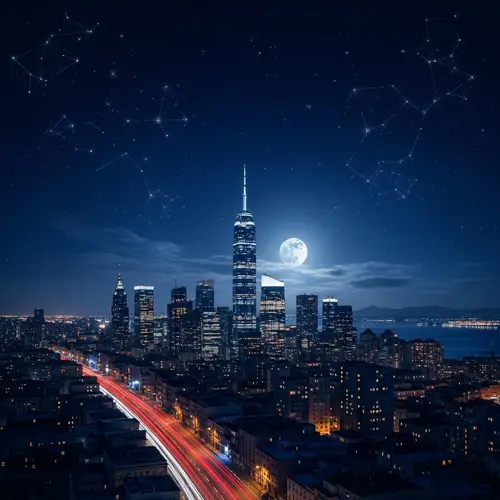 Tranquil Cityscape Night View: Skyscrapers, Moonlight & Stars
