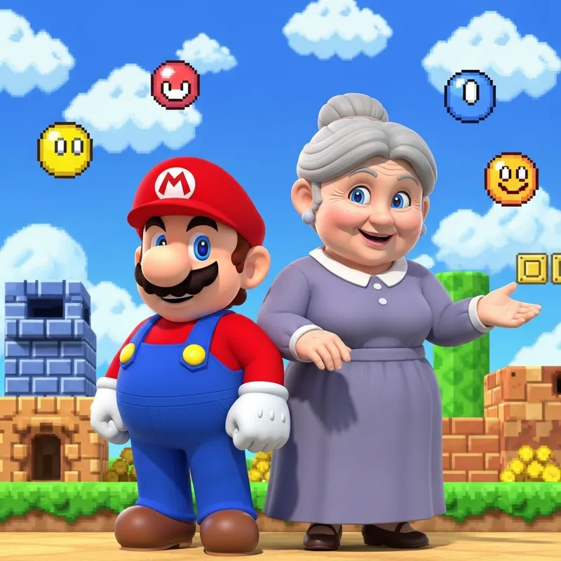 Mario Bros with His Mom - Retro Video Game Plumber Duo