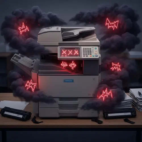 Compromised Office Copier with Computer Virus Symbolism