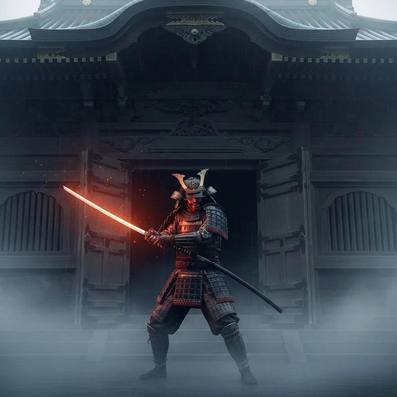 Sinister Samurai at Ancient Japanese Temple - Shrouded in Fog Sinister Samurai at Ancient Japanese Temple - Shrouded in Fog
