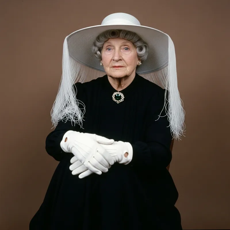 Vintage Lady in Stylish Black Dress and White Hat