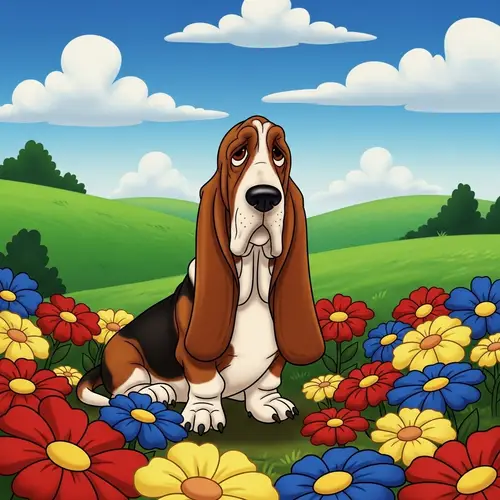 Vintage Animated Dog Portrait with Vibrant Flowers