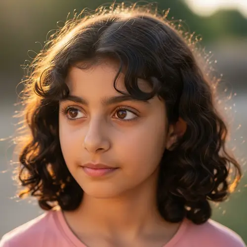 Middle-Eastern 12-Year-Old Girl with Curly Hair and Brown Eyes