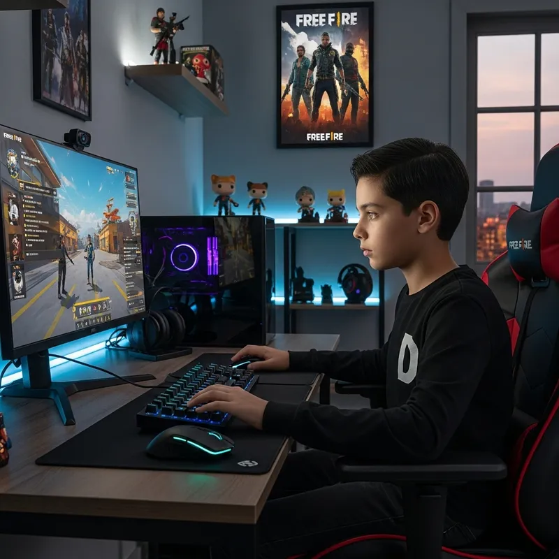 Black-Haired Boy Playing Free Fire in Gaming-Theme Office