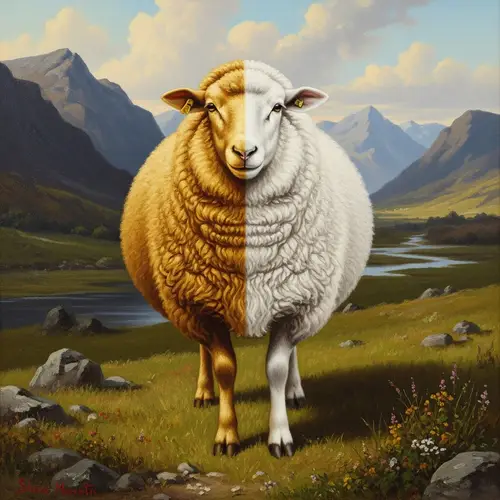 Golden and White Sheep in Enchanted Landscape - Oil Painting