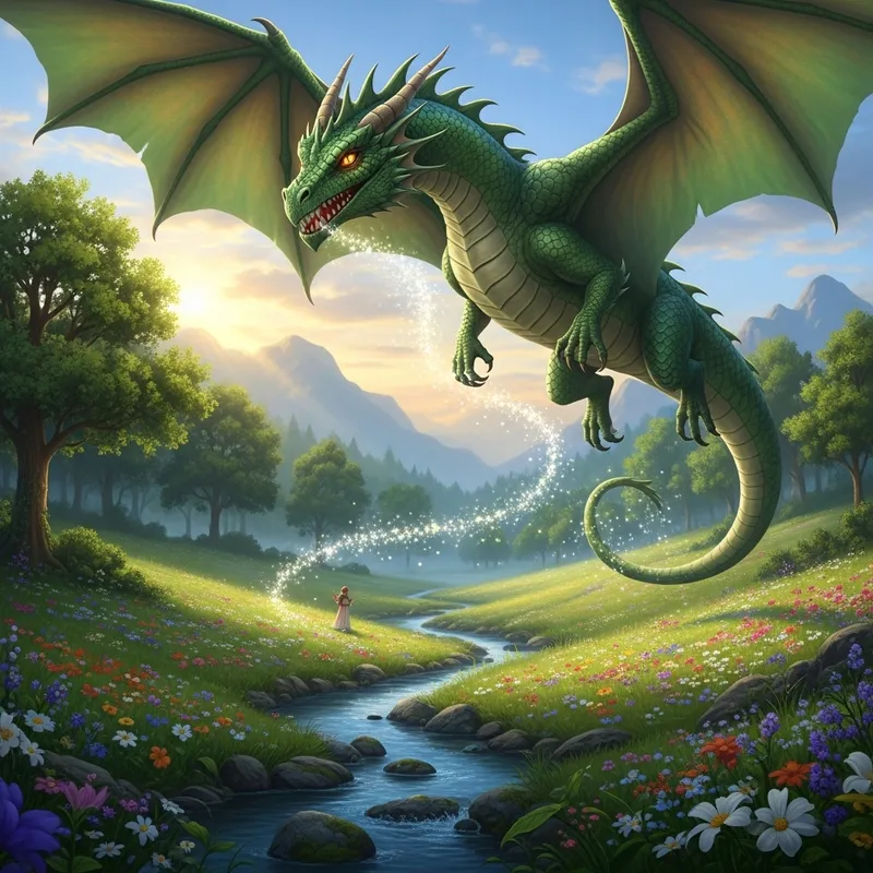 Enchanting Dragon Flight Over a Fairytale Landscape