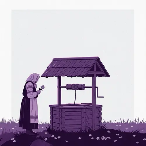 Caucasian Grandmother in Russian Folk Attire at Dawn