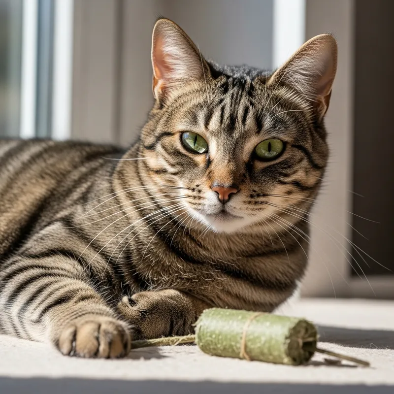 Adorable Cat Relaxing in Sunlight | Captivating Green-Eyed Tabby