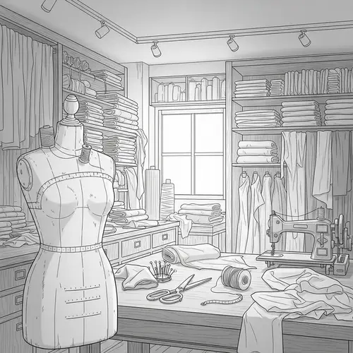 Traditional Tailor Shop Line Art | Textiles, Tools & Mannequin