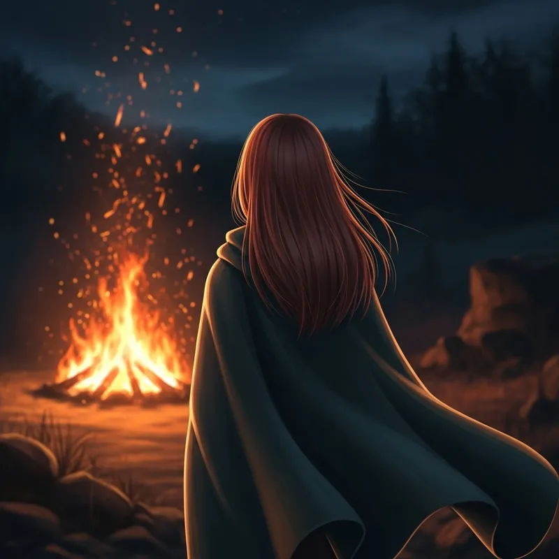 Mysterious Girl in Cloak by Fiery Night Fire