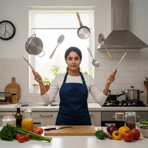 Powerful South Asian Woman with Superpowers in Kitchen