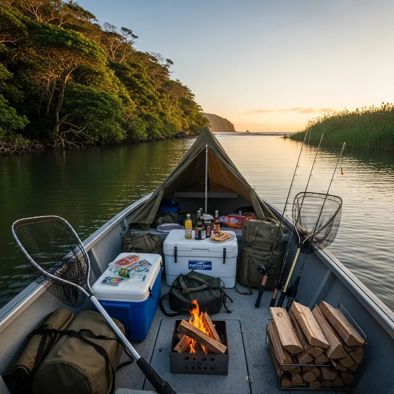 Small Boat Camping and Fishing Expedition on Calm River with Ocean View