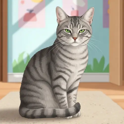 Illustration of Graceful Tabby Cat on Beige Carpet in Bright Room