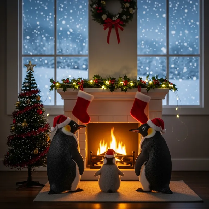 Christmas Penguins Celebrating by the Fireplace