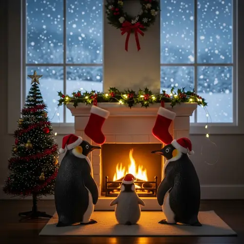 Festive Christmas Penguins by the Fireplace