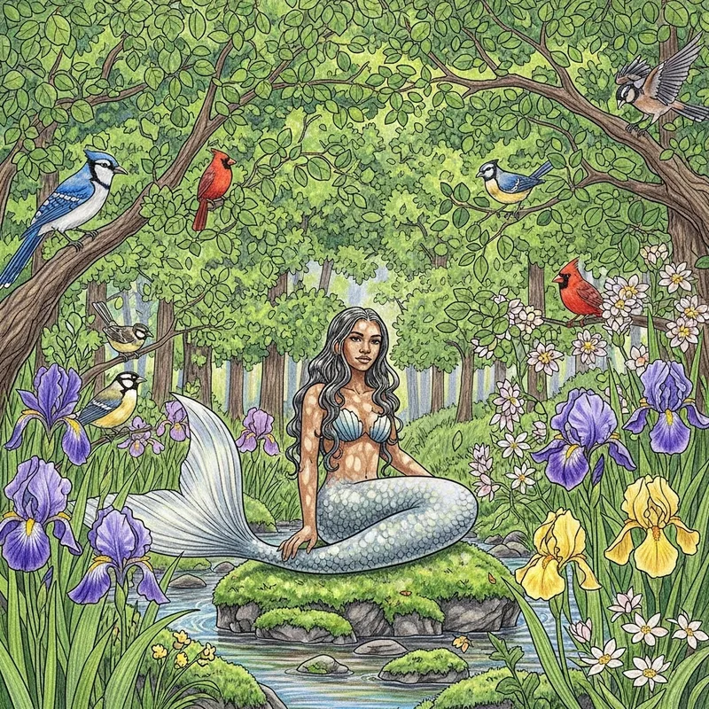 Dark-Skinned Mermaid in Forest with Birds, Wildflowers & Irises