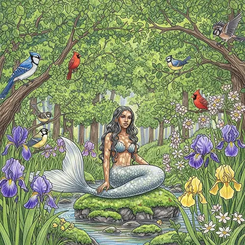 Dark-Skinned Mermaid in Forest with Birds and Wildflowers