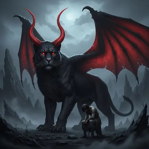 Intimidating Black Cat with Red Horns and Dragon Wings