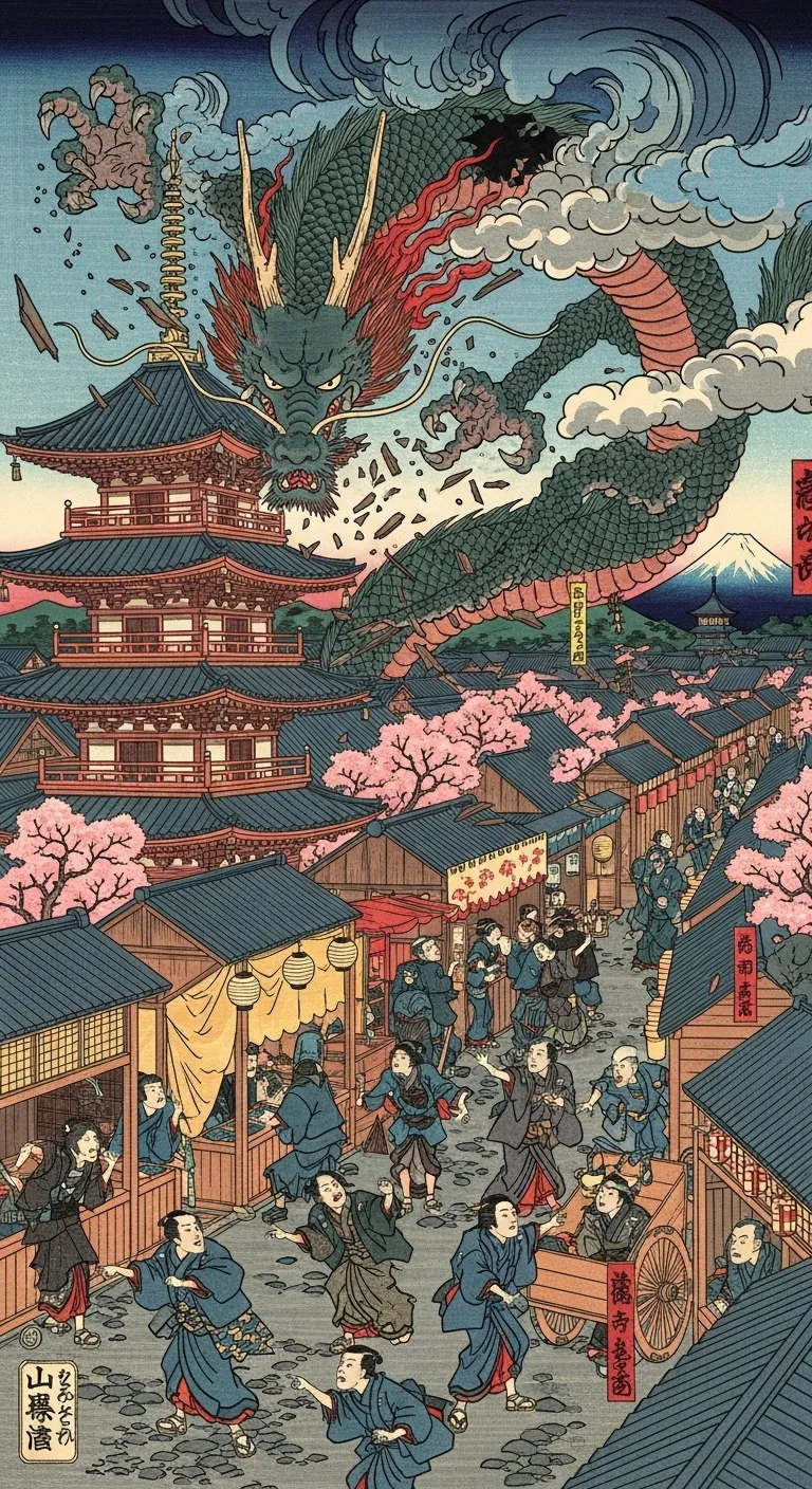 Godzilla Razes Edo-Period Tokyo | Ukiyo-E Print