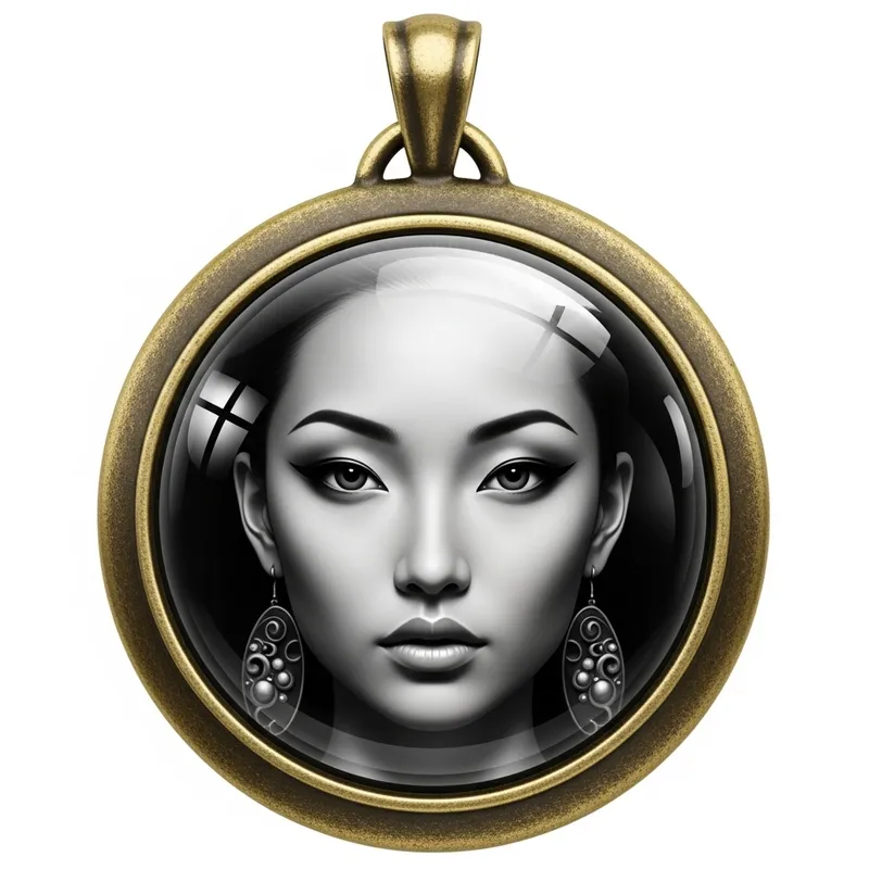 Enchanting Woman Reflection Pendant with Antique Brass Glow