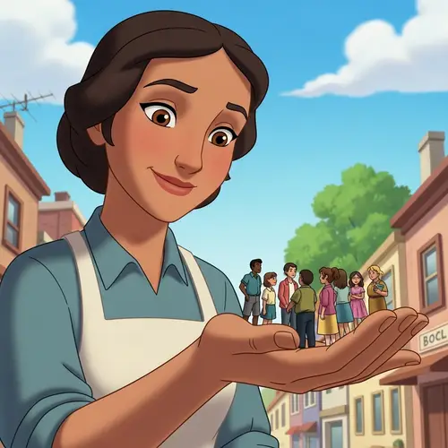 Giant Woman in 90's Cartoon Holding Tiny People