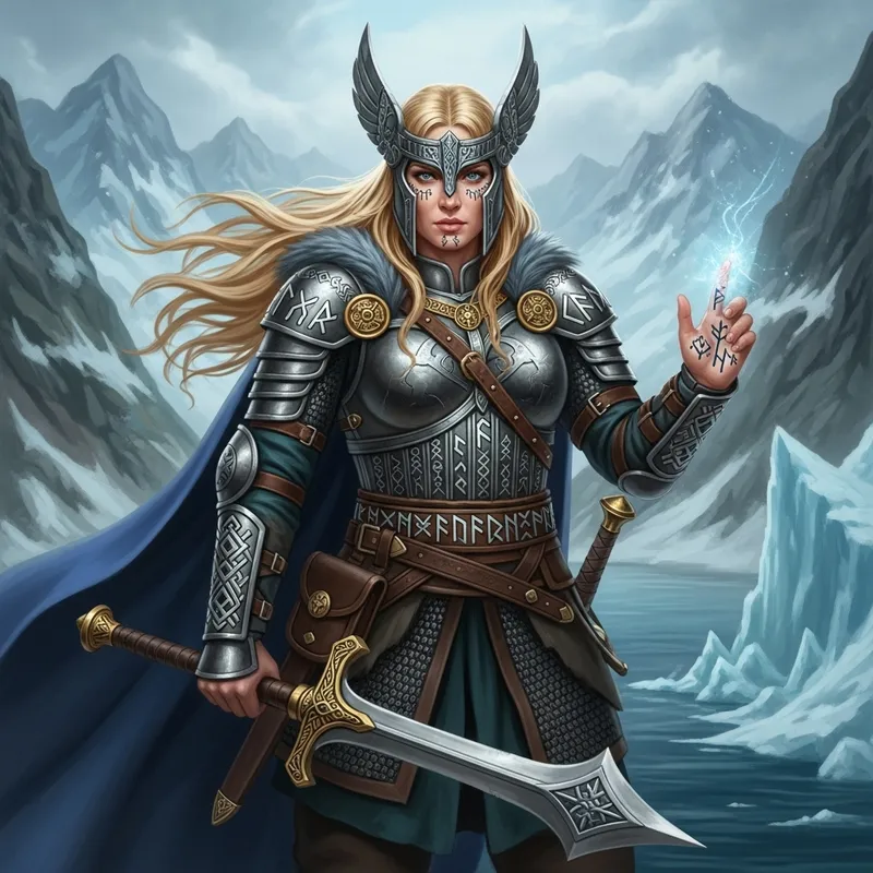 Powerful Nordic Valkyrie with Runes in Ethereal Landscape