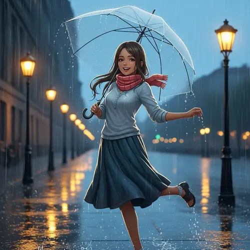 Cheerful Anime Girl Dancing in the Rain with Short Scarf