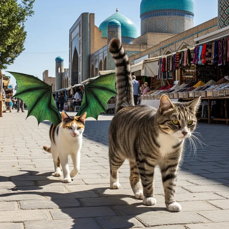 Slender Three-Colored Cat with Dragon Wings in Tashkent Streets