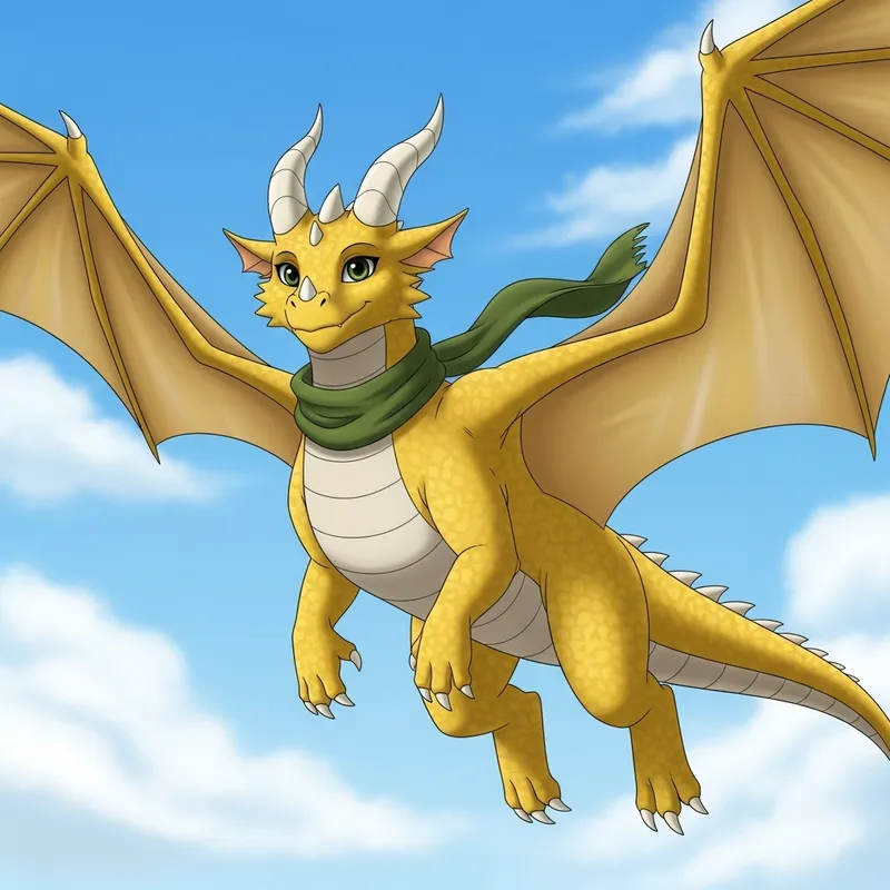 Majestic Yellow Dragon Soaring with Green-Eyed Kindness