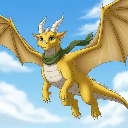Yellow Dragon Soaring in Clear Sky | Friendly Smile & Green Eyes