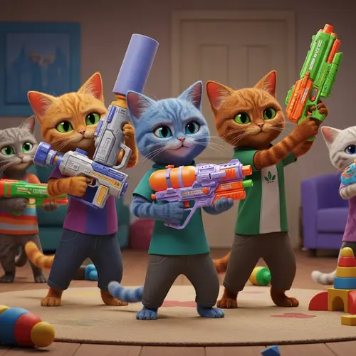 Anthropomorphic Cats with Futuristic Toy Blasters