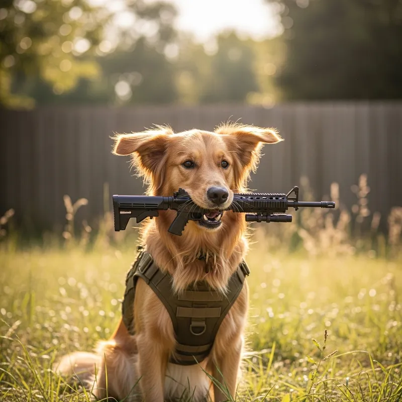 Dog Holding Toy Weapon - Playful Canine Picture