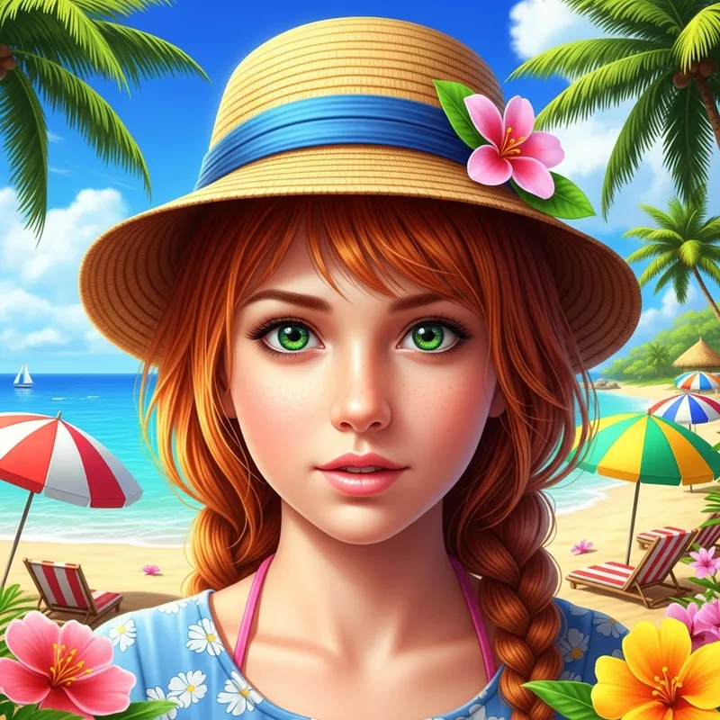 Vibrant Beach Portrait of Red-Haired Girl with Green Eyes - Tropical Paradise Beauty Vibrant Beach Portrait of Red-Haired Girl with Green Eyes - Tropical Paradise Beauty