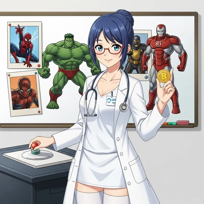 Anime Style Doctor Woman with Blue Hair Holding Bitcoin and Superheroes Anime Style Doctor Woman with Blue Hair Holding Bitcoin and Superheroes