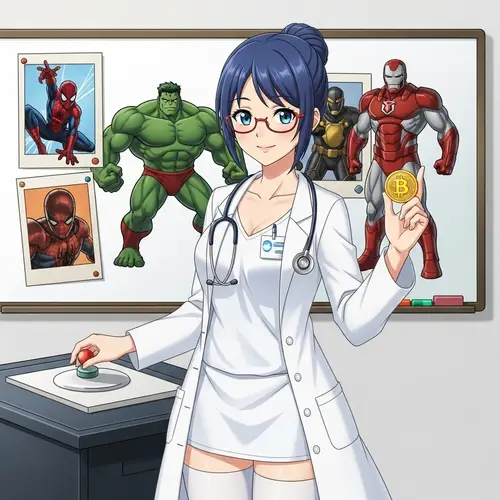 Young Doctor with Blue Hair Holding Bitcoin Button and Superhero Images