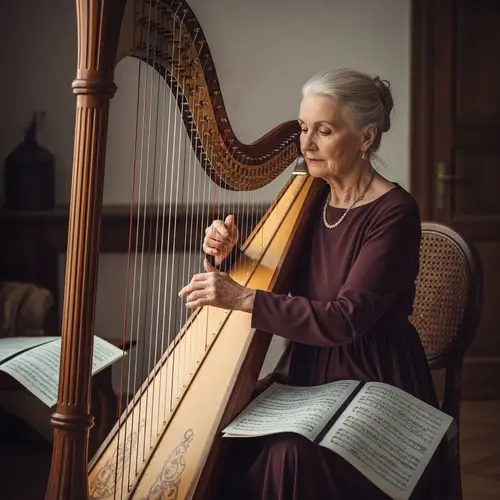 Elderly Caucasian Woman Playing Vintage Harp in Rustic Setting