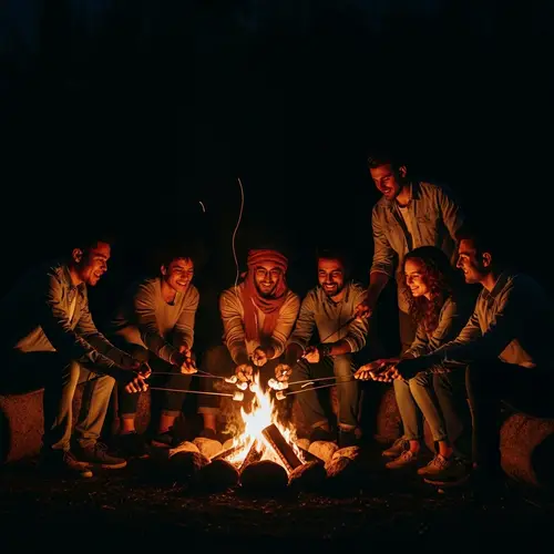 Diverse friends at campfire roasting marshmallows