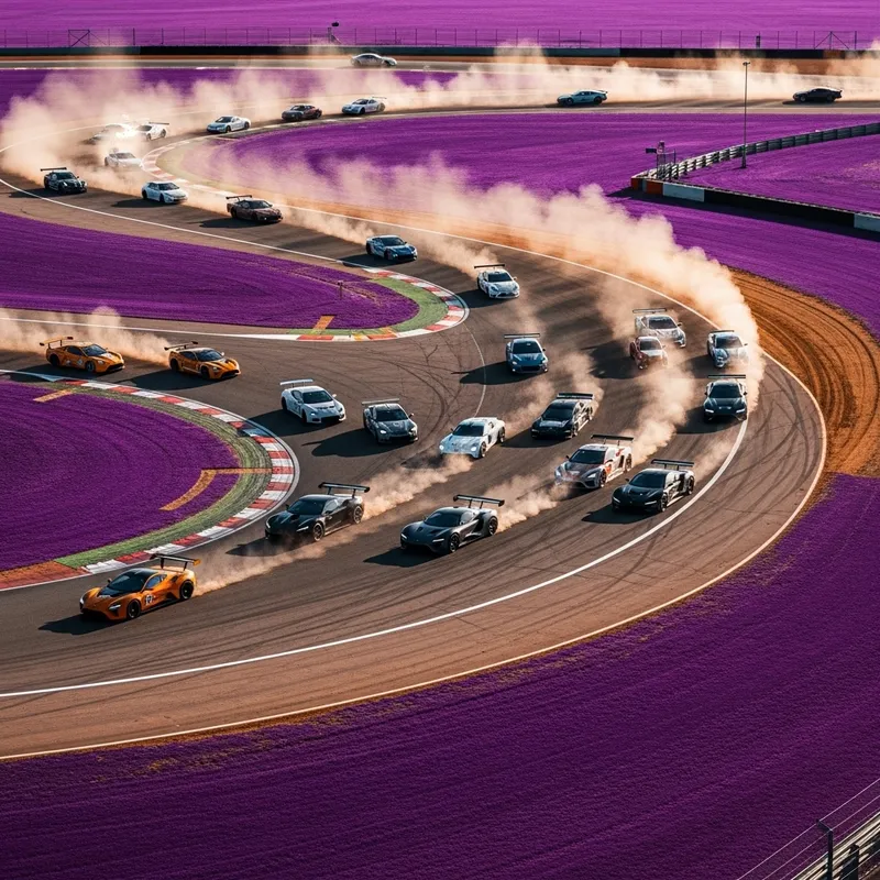 Aerial View Car Races on Purple Grass Track