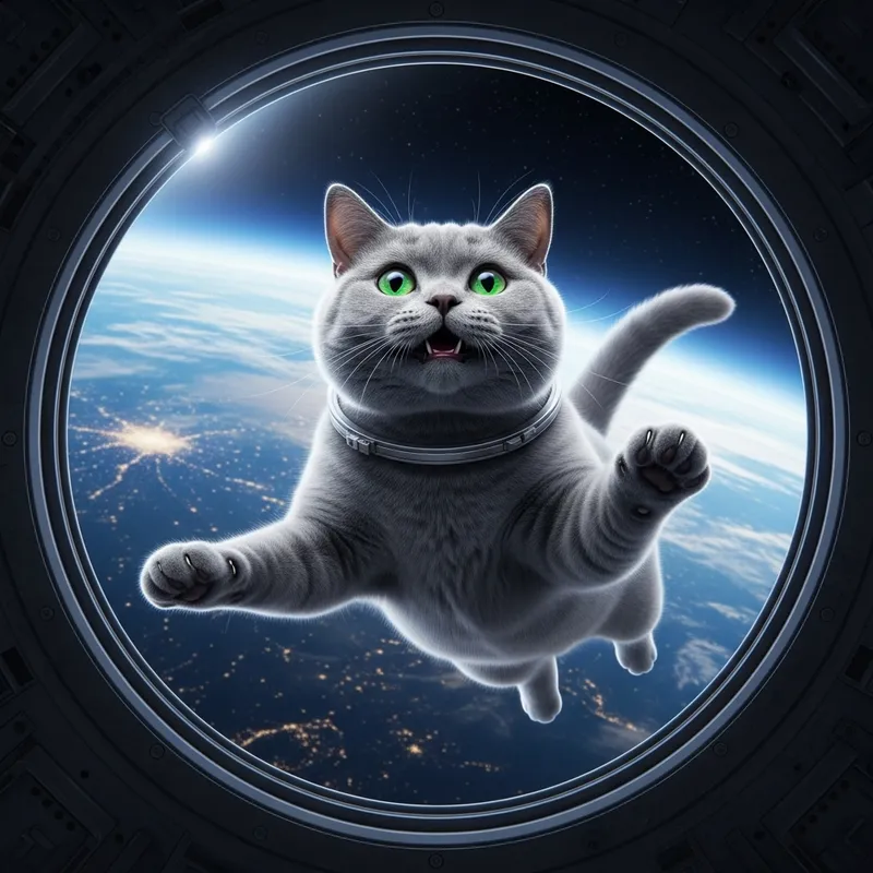 British Cat Astronaut in Spacecraft | Hyperrealistic Art with Gravity-Defying Bliss