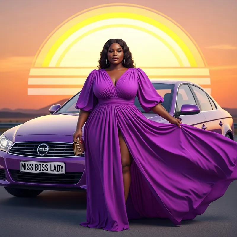 Empowering Plus-Size African Lady in Purple Dress at Sunset