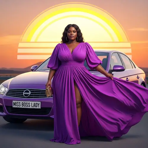 Plus-Size African Lady in Purple Dress | Miss Boss Lady Sunset Scene