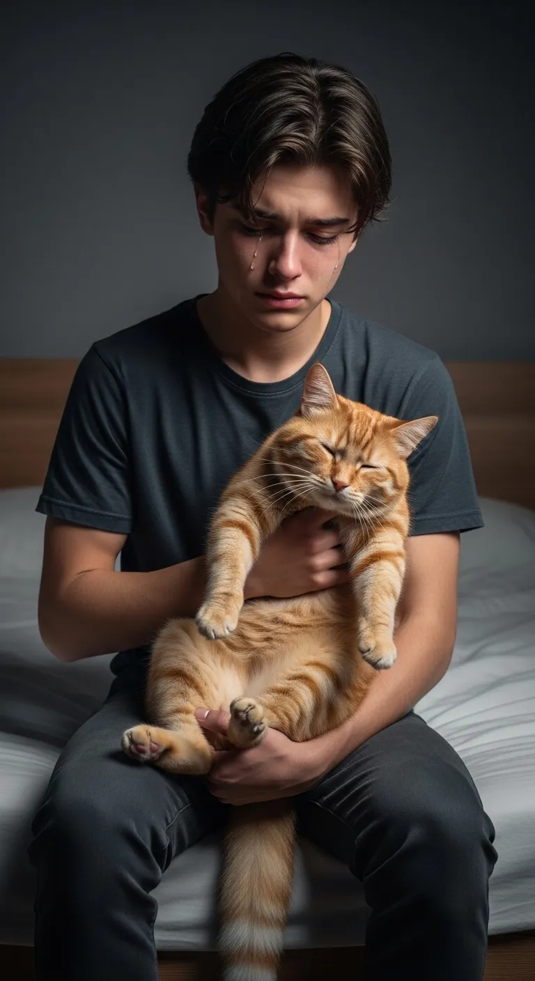 Touching Scene: 17-Year-Old Boy Grieving with Lifeless Cat Touching Scene: 17-Year-Old Boy Grieving with Lifeless Cat