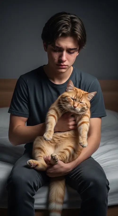 Heartbroken 17-Year-Old Boy Crying Holding Lifeless Cat