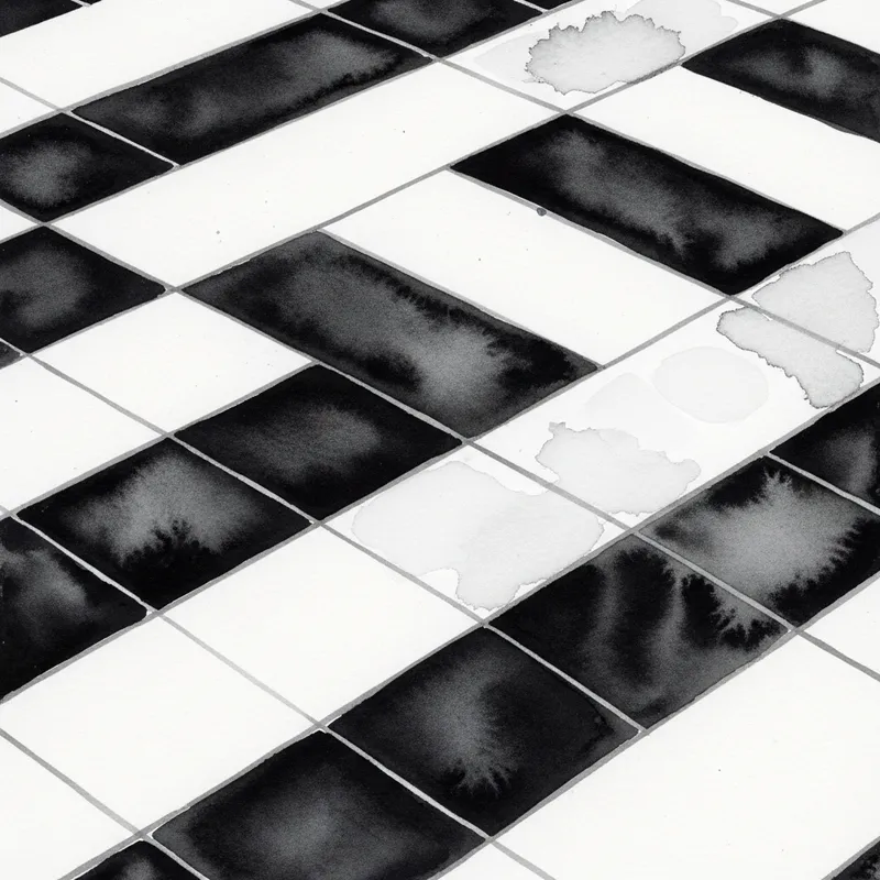 Watercolor Painting: Black & White Chessboard Rhombus Floor