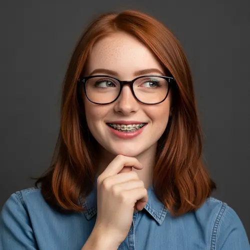 Distinctive British Teenage Girl with Red Hair, Freckles, Braces