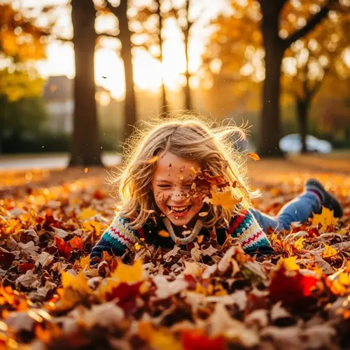 Laughing Girl Falling into Pile of Leaves