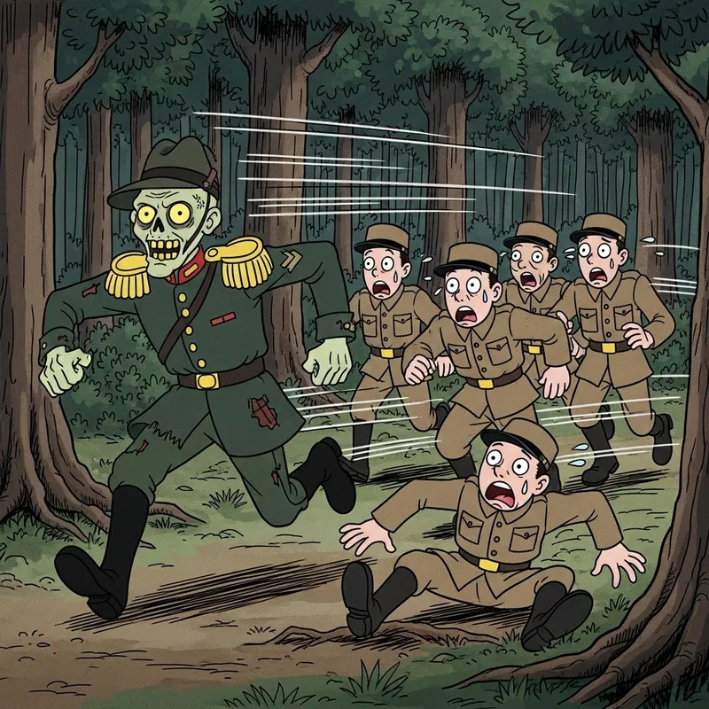 Disney Zombie Officer Chasing Military Recruits in Forest
