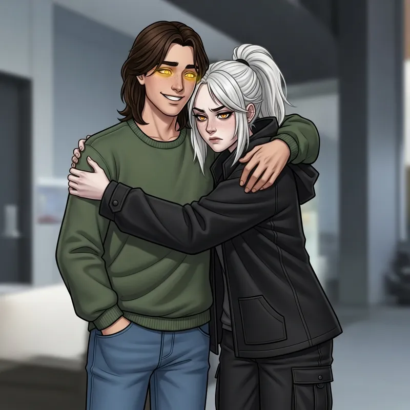 Gravity Falls Style Cartoon of Smiling Man and Displeased Woman Embracing in Modern Room